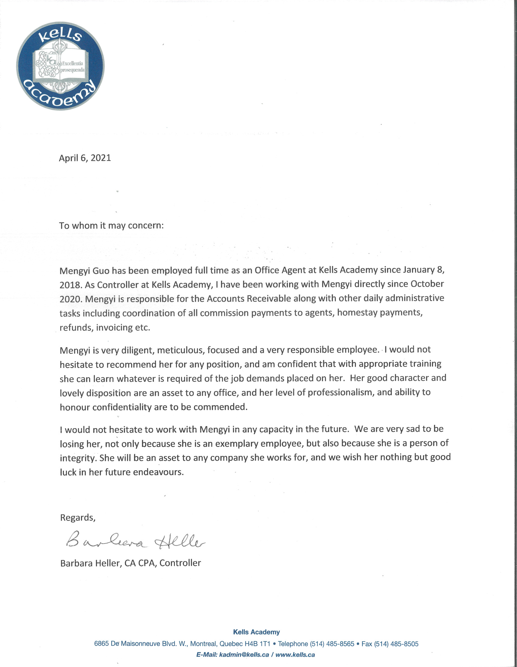 reference letter from Barbara Heller